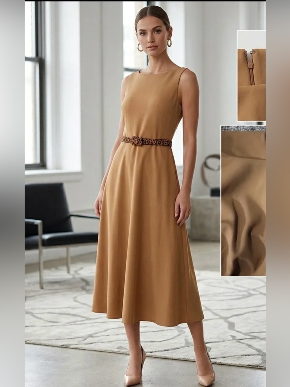 DKNY Strapless Camel Midi Dress with Leopard Print Belt